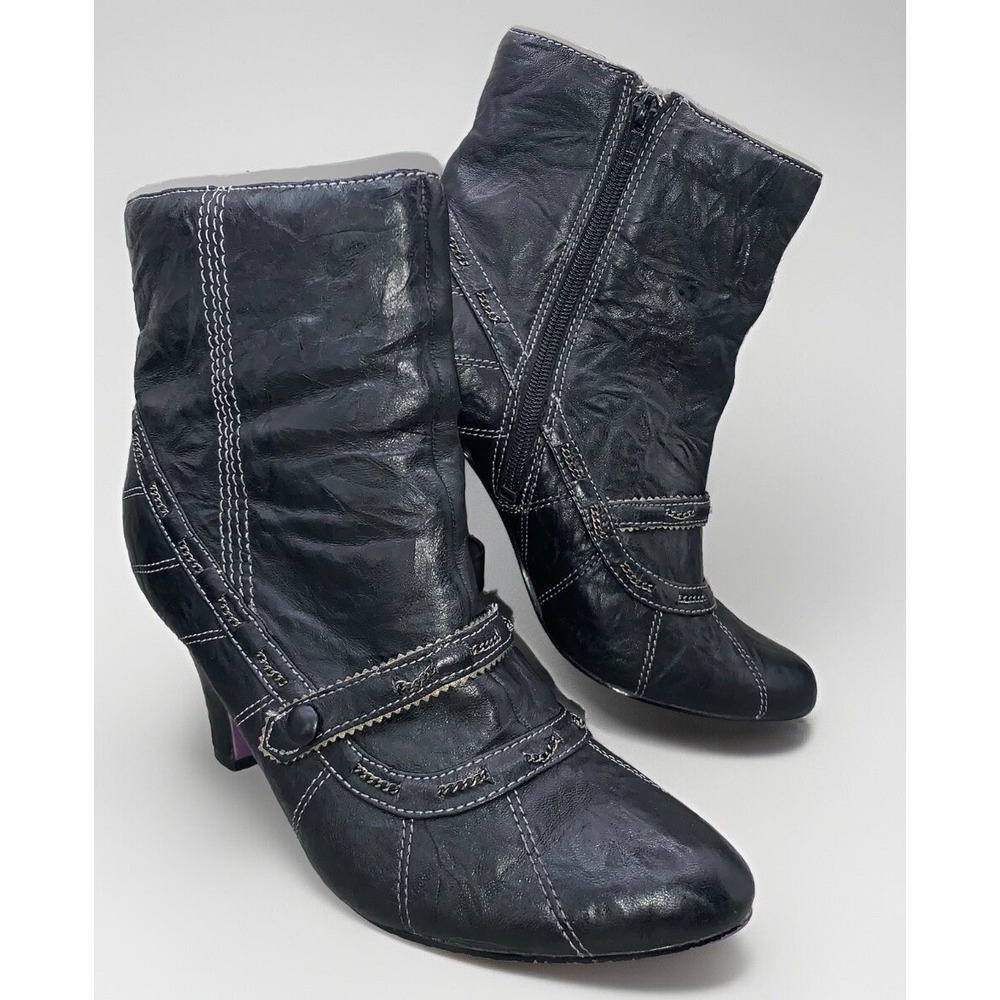 Bobbi Blu Amethyst Boots Women's Size 10M Black Leather Y2K 90s Ankle Side Zip